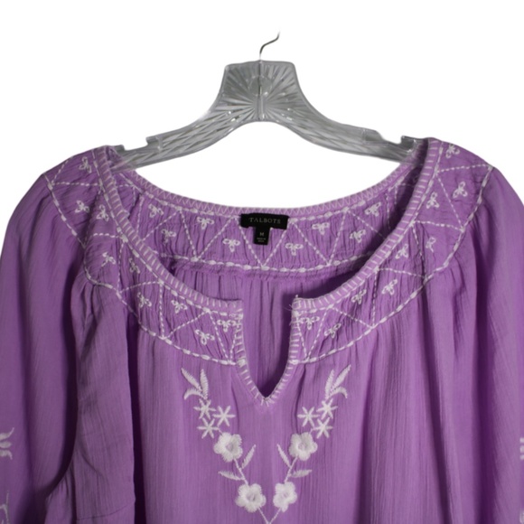 Talbots M‎ Violet Embroidered 100% Cotton Top 3/4 Sleeves Slight V Neck - Picture 2 of 6